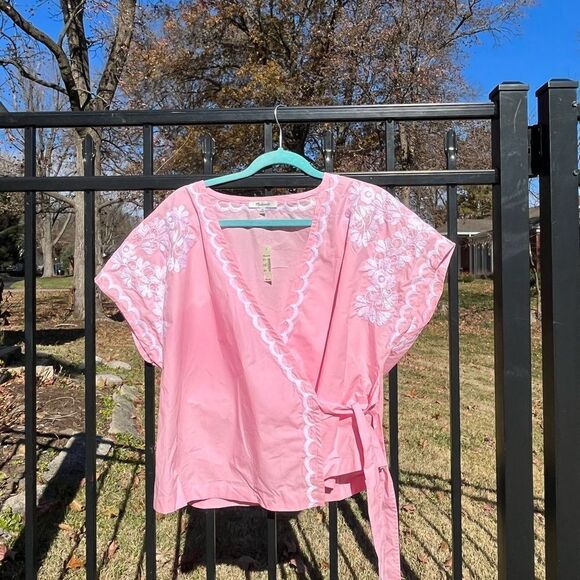 Madewell Pink Wrap Blouse with White Embroidery - Picture 2 of 12